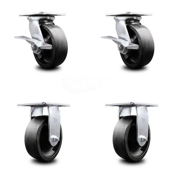 6 Inch Glass Filled Nylon Caster Set with Ball Bearing 2 Brakes and 2 Rigid SCC